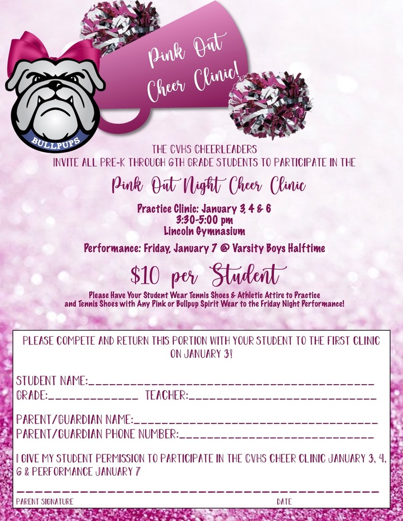 Pink Out Cheer Clinic January 3, 4, & 6 3:30-5/Performance Friday January 7 @ Varsity Boys Halftime