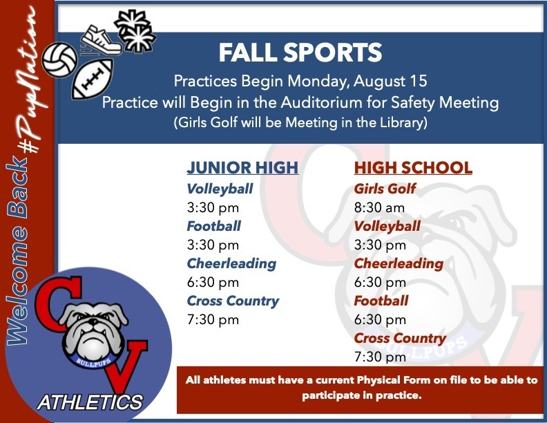 Fall Sports practices begin Monday, Aug 15